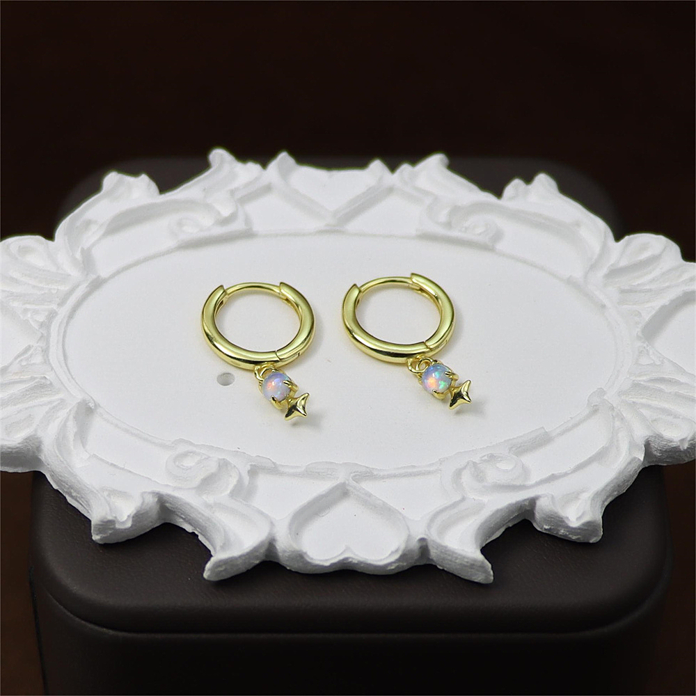 Silver Star Earrings with Australian Opal and Diamond – Dainty Ear Buckle Design