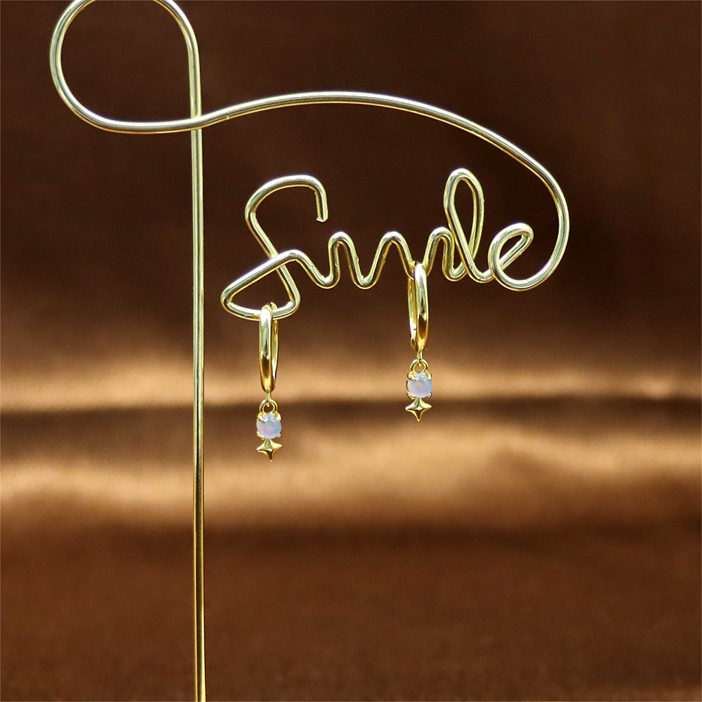 Silver Star Earrings with Australian Opal and Diamond – Dainty Ear Buckle Design