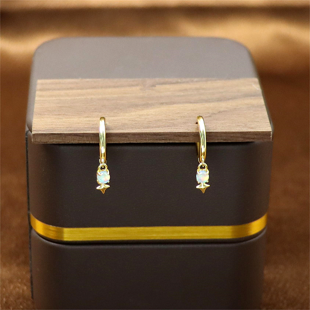 Silver Star Earrings with Australian Opal and Diamond – Dainty Ear Buckle Design
