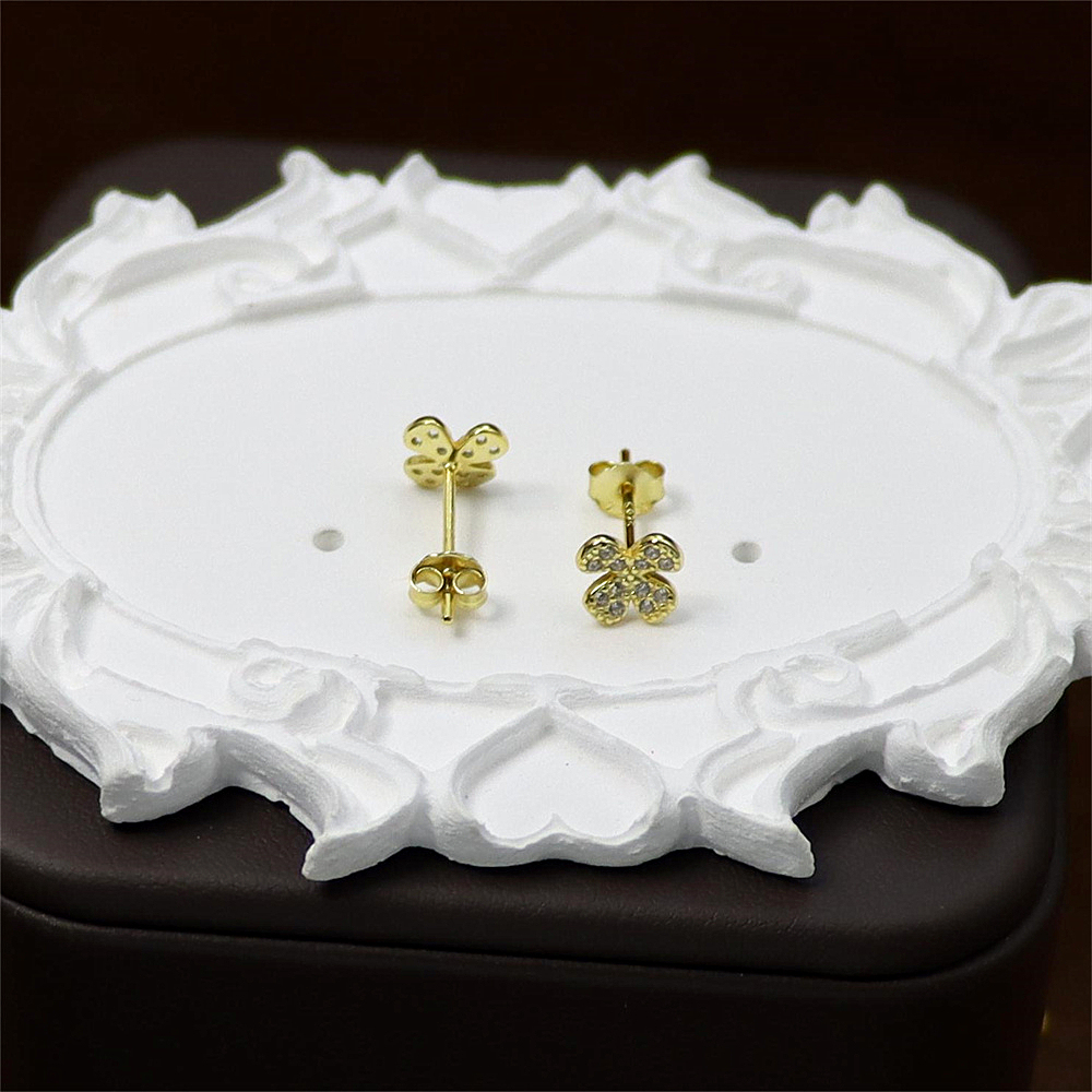 Gold Four Leaf Flower Earrings - Sparkly CZ Floral Studs, Minimalist Everyday Earrings