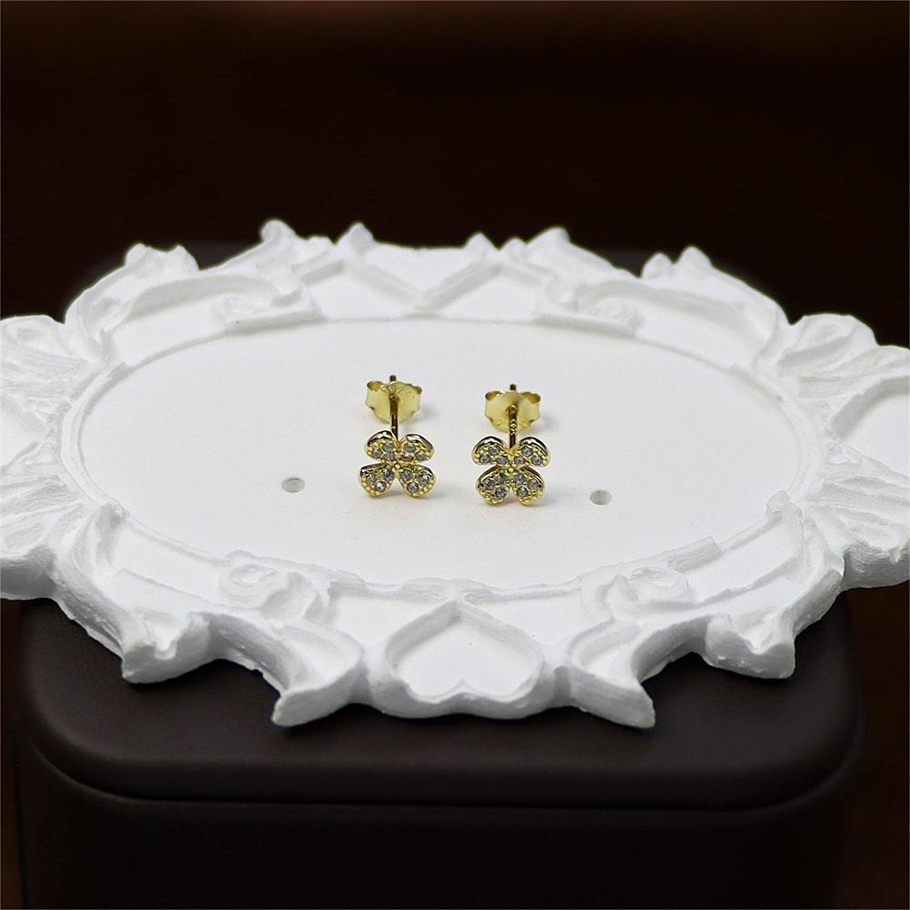 Gold Four Leaf Flower Earrings - Sparkly CZ Floral Studs, Minimalist Everyday Earrings