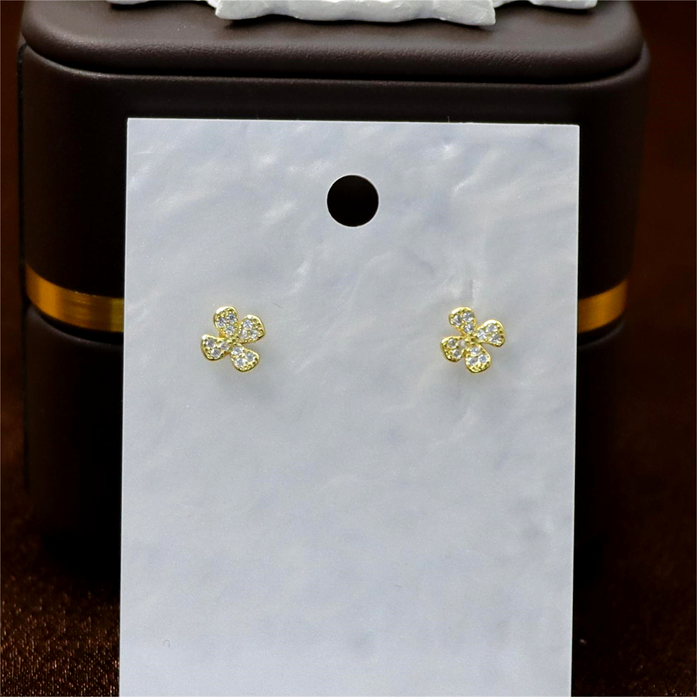 Gold Four Leaf Flower Earrings - Sparkly CZ Floral Studs, Minimalist Everyday Earrings