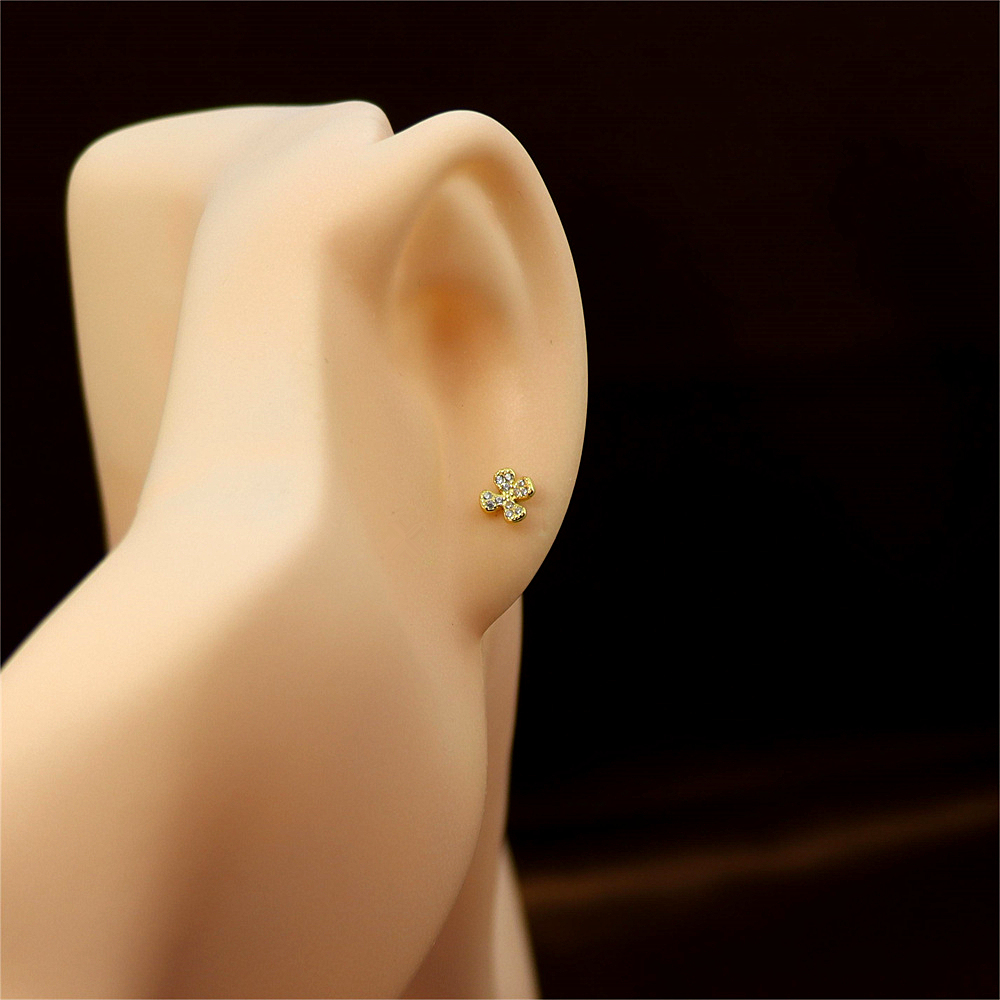 Gold Four Leaf Flower Earrings - Sparkly CZ Floral Studs, Minimalist Everyday Earrings