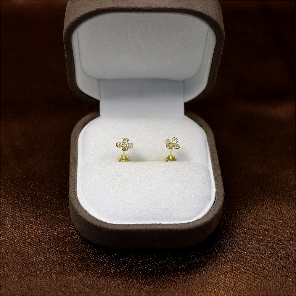 Gold Four Leaf Flower Earrings - Sparkly CZ Floral Studs, Minimalist Everyday Earrings