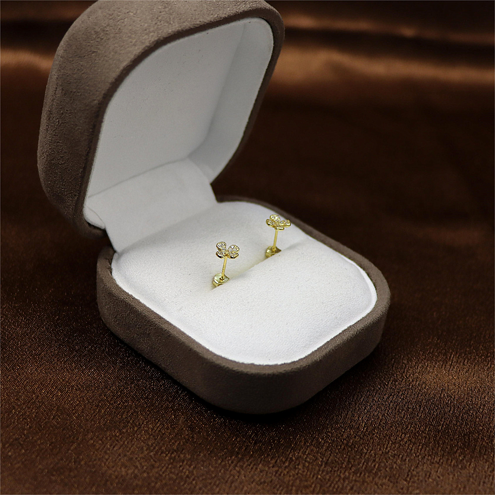 Gold Four Leaf Flower Earrings - Sparkly CZ Floral Studs, Minimalist Everyday Earrings