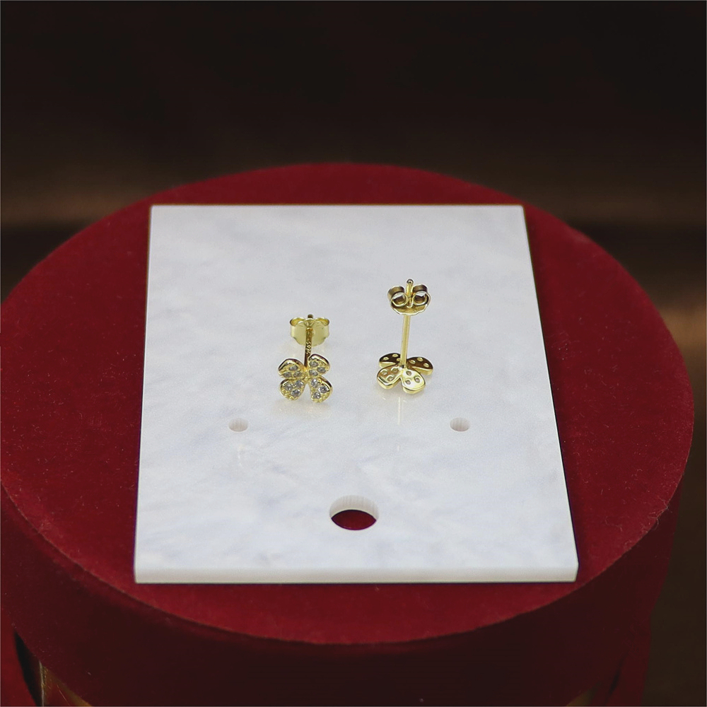 Gold Four Leaf Flower Earrings - Sparkly CZ Floral Studs, Minimalist Everyday Earrings