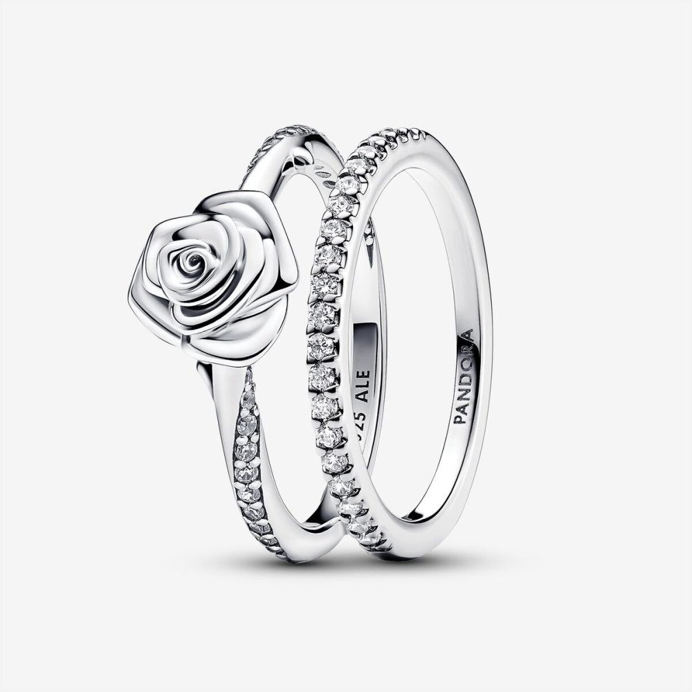 Pandora Silver S925 ALE Sparkling Rose in Bloom Ring Set