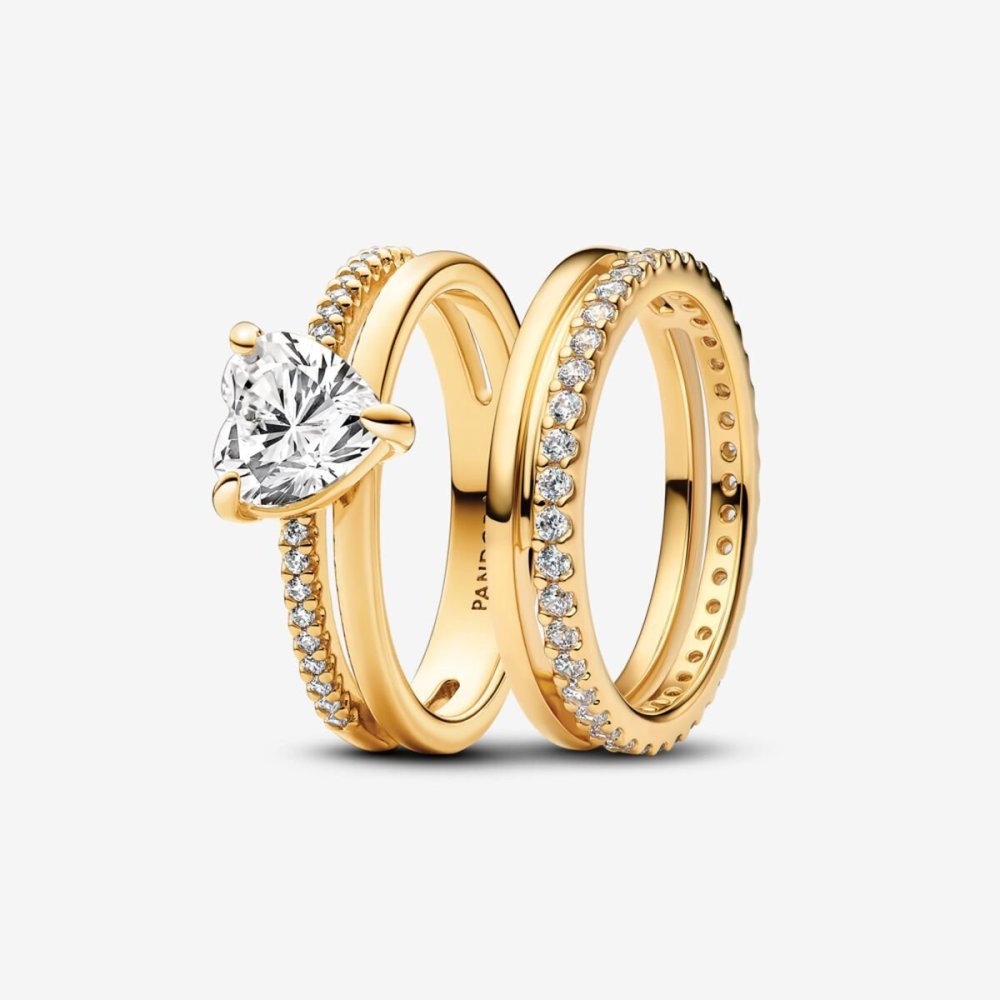 Pandora Gold Sparkling Herat Double Devotion Ring Set