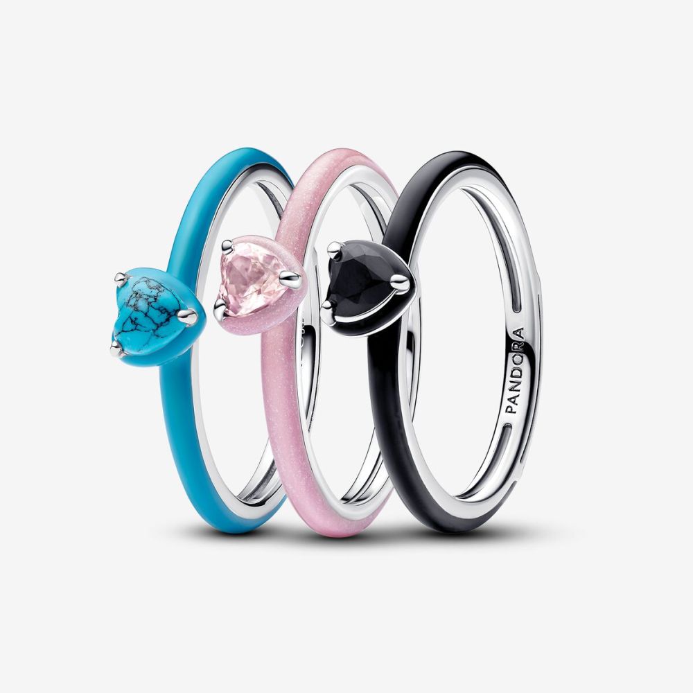 Pandora Silver S925 ALE Blue Pink Black Good Karma Chakra Hearts Ring Trio