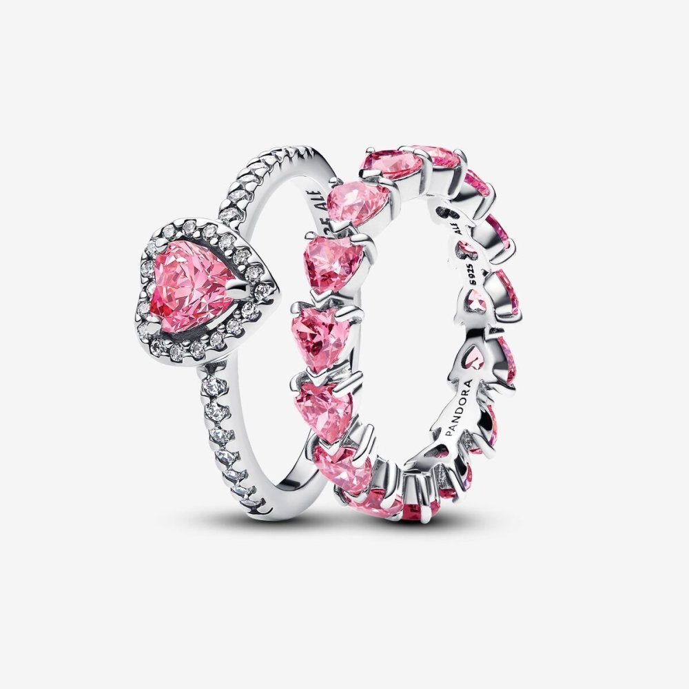 Pandora Silver S925 ALE Pink Heart to Hearts Ring Set
