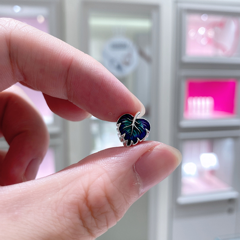 Pandora Sterling Silver Charm Purple & Green Leaf
