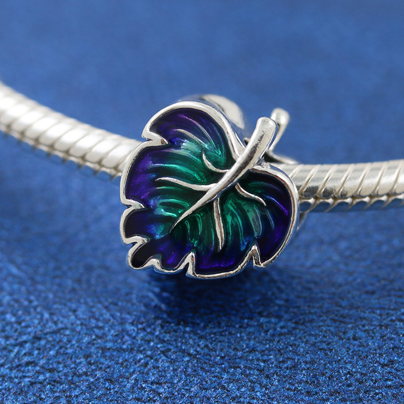 Pandora Sterling Silver Charm Purple & Green Leaf
