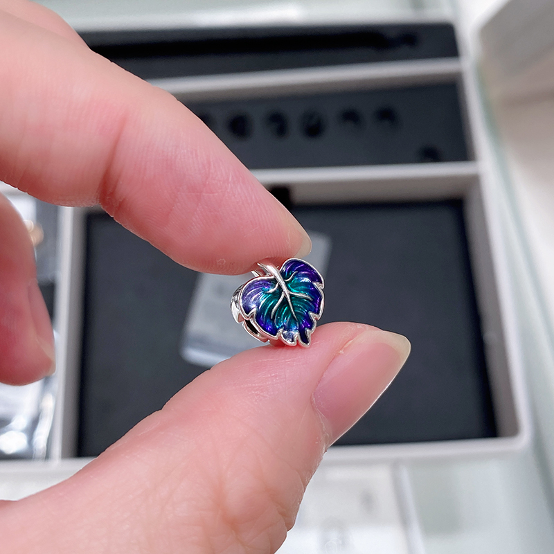 Pandora Sterling Silver Charm Purple & Green Leaf