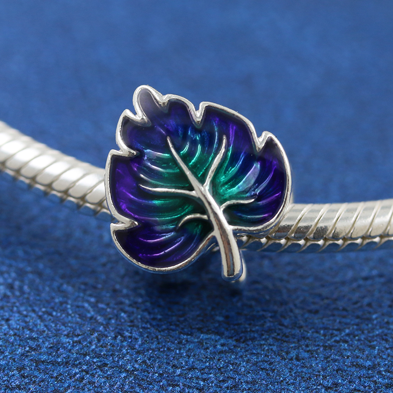 Pandora Sterling Silver Charm Purple & Green Leaf
