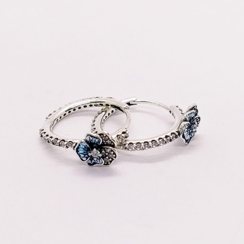 ALE S925  Silver Pandora Blue Pansy Flower Hoop Earrings With Gift BAG