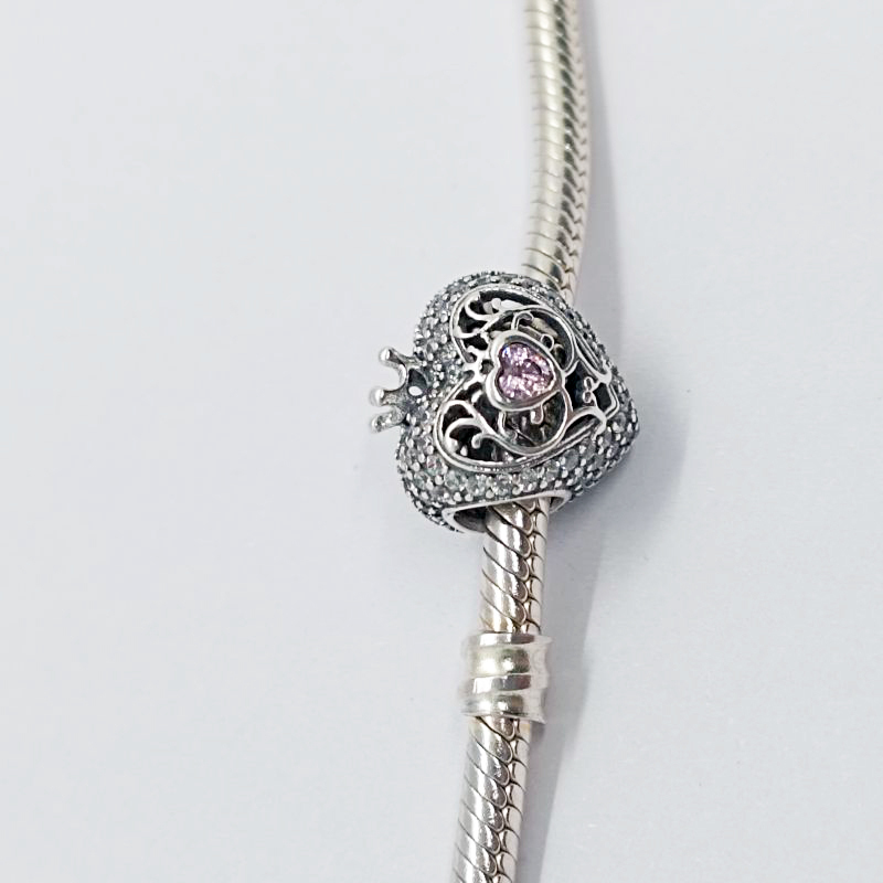 PANDORA 925 Silver Regal Crown & Pink Heart Charm