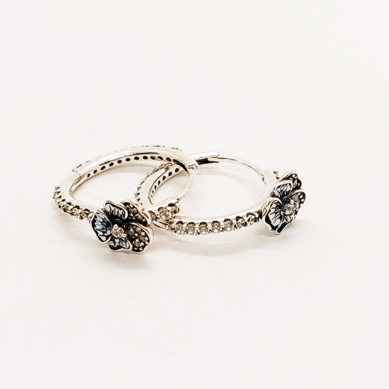 ALE S925  Silver Pandora Blue Pansy Flower Hoop Earrings With Gift BAG