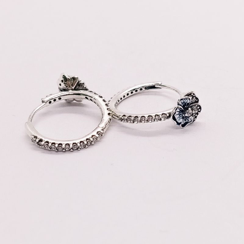 ALE S925  Silver Pandora Blue Pansy Flower Hoop Earrings With Gift BAG