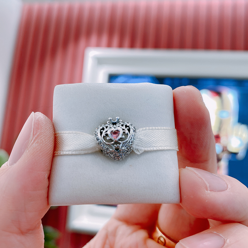 PANDORA 925 Silver Regal Crown & Pink Heart Charm