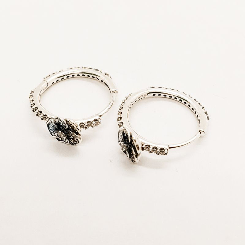 ALE S925  Silver Pandora Blue Pansy Flower Hoop Earrings With Gift BAG