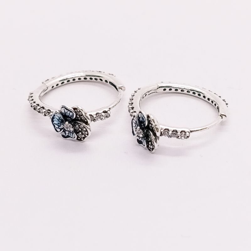 ALE S925  Silver Pandora Blue Pansy Flower Hoop Earrings With Gift BAG