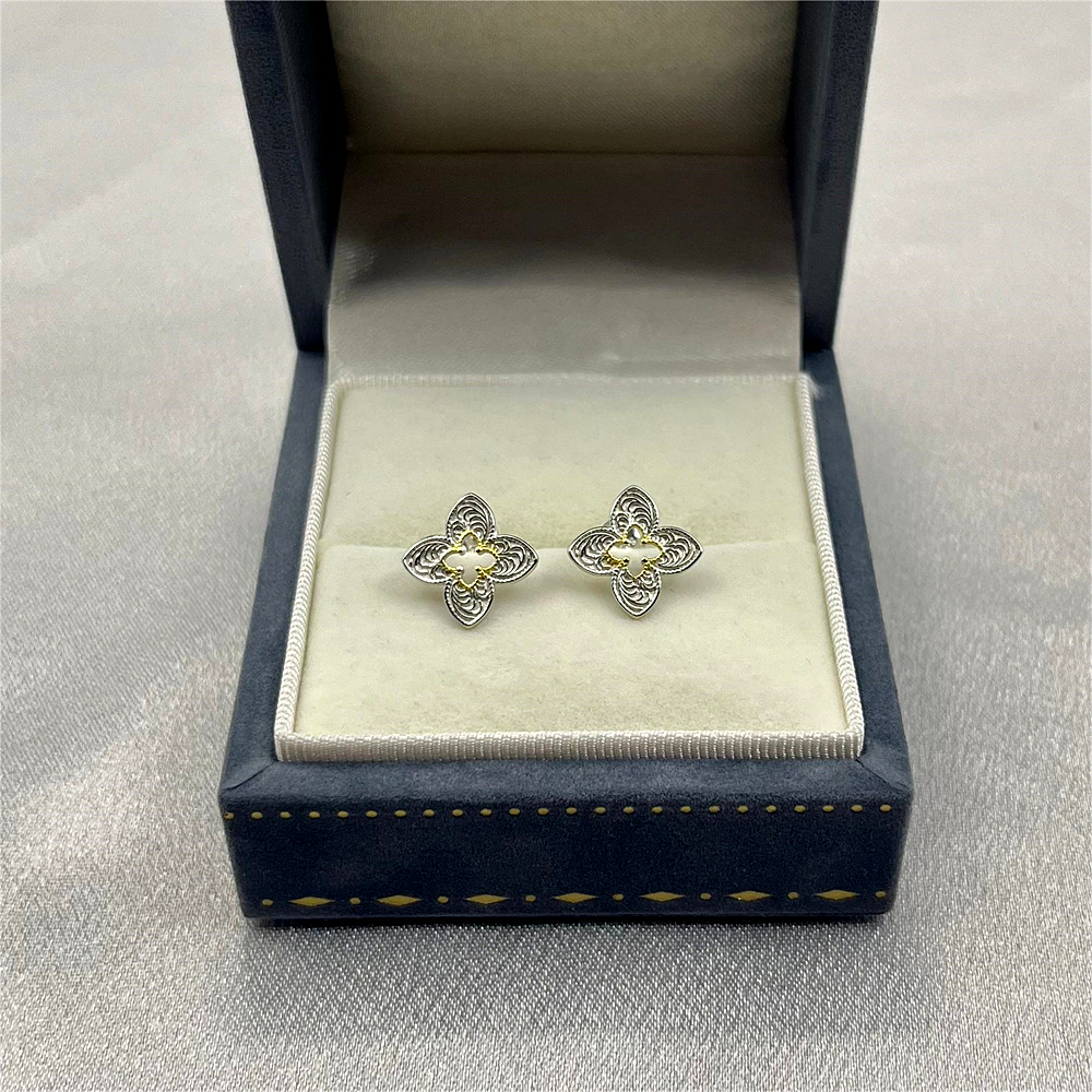 S925 Sterling Silver Gold & Silver Two-Tone Four-Leaf Clover Stud Earrings with Scroll Pattern
