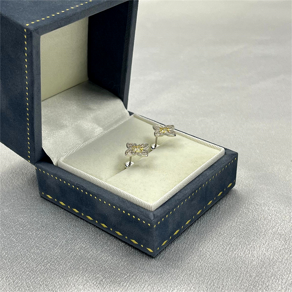 S925 Sterling Silver Gold & Silver Two-Tone Four-Leaf Clover Stud Earrings with Scroll Pattern