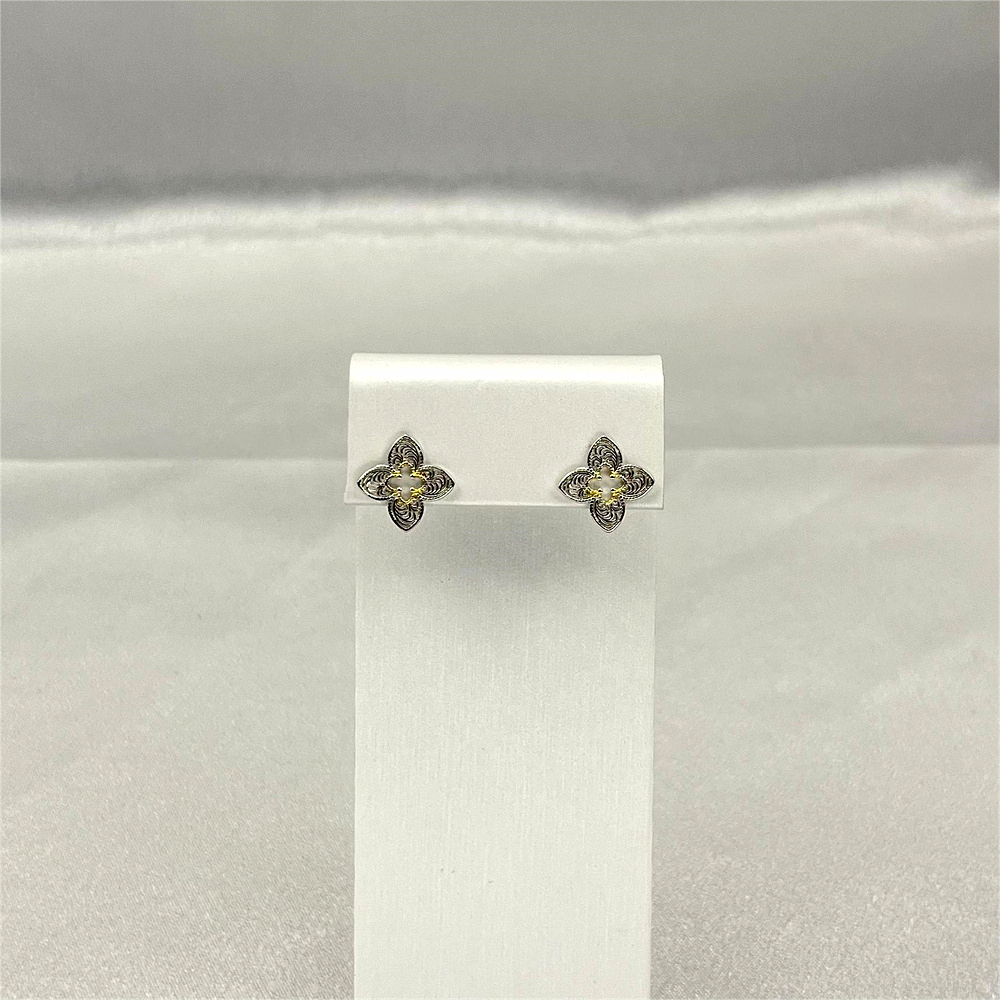 S925 Sterling Silver Gold & Silver Two-Tone Four-Leaf Clover Stud Earrings with Scroll Pattern