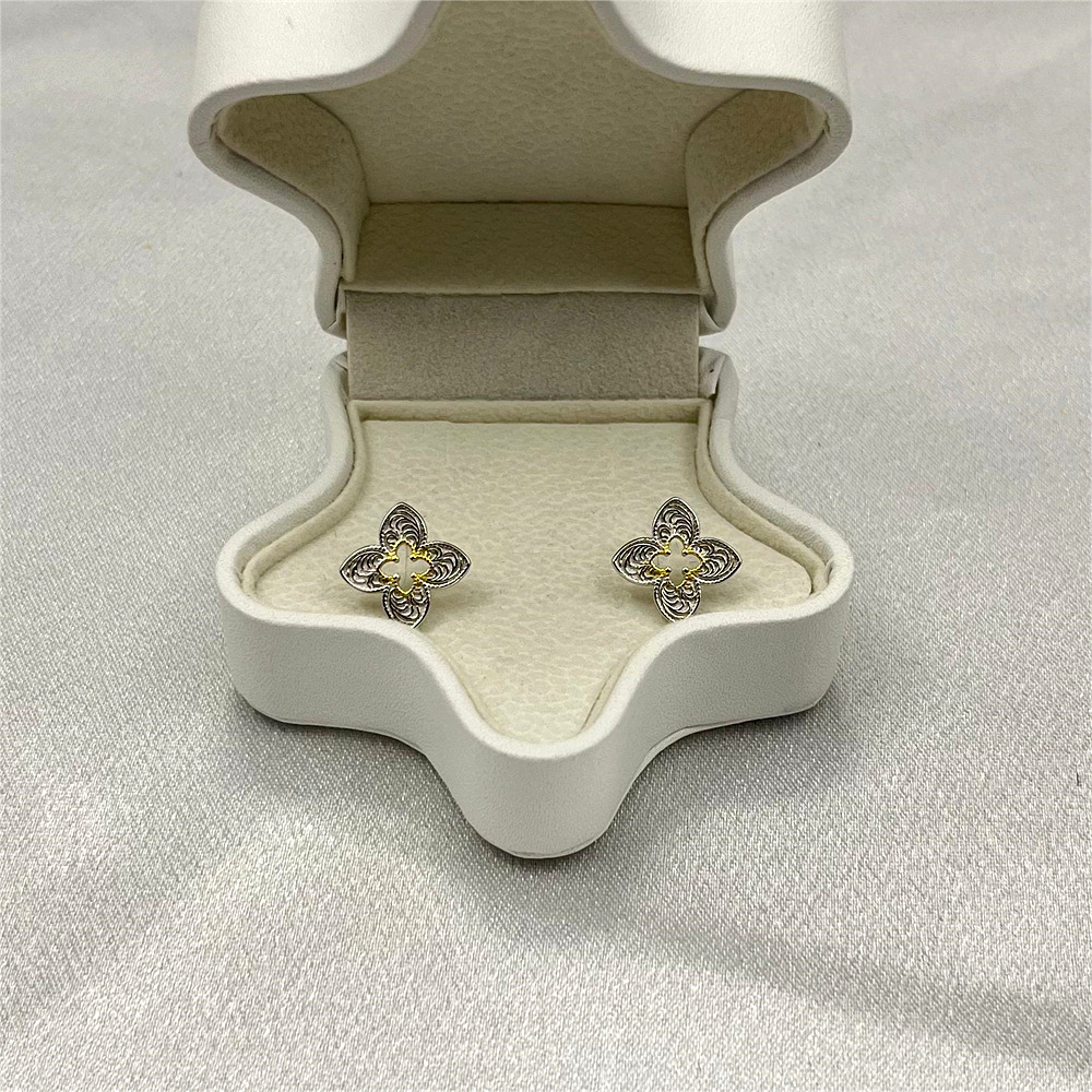 S925 Sterling Silver Gold & Silver Two-Tone Four-Leaf Clover Stud Earrings with Scroll Pattern