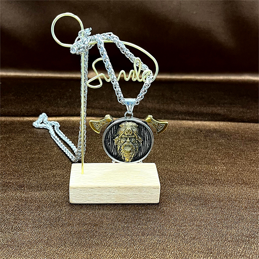 Gold-Plated Double Axe Odin Pendant Necklace for Men, Hip-Hop Style，gifts for him