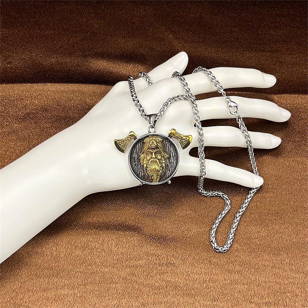 Gold-Plated Double Axe Odin Pendant Necklace for Men, Hip-Hop Style，gifts for him