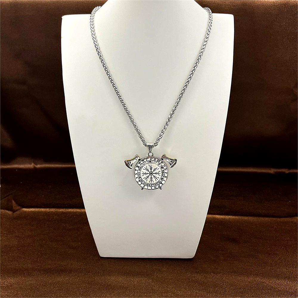Gold-Plated Double Axe Odin Pendant Necklace for Men, Hip-Hop Style，gifts for him