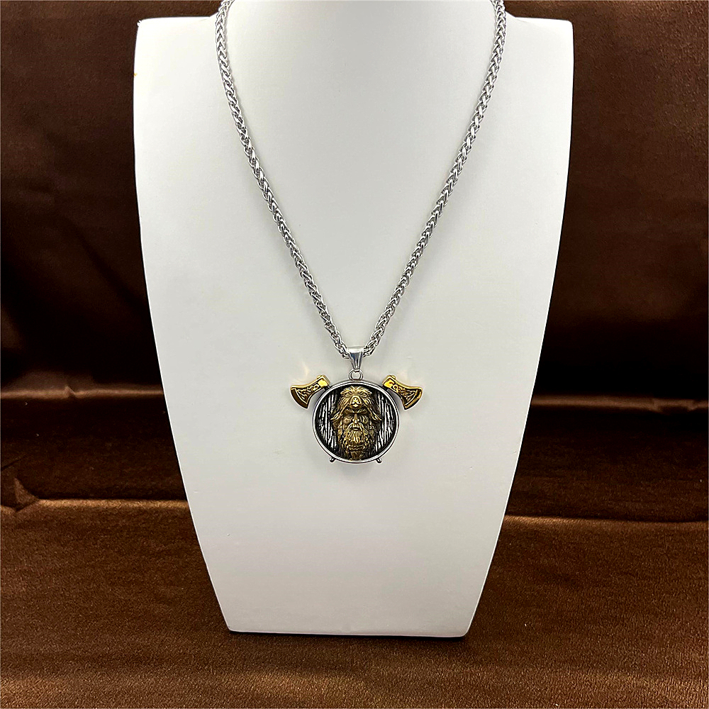 Gold-Plated Double Axe Odin Pendant Necklace for Men, Hip-Hop Style，gifts for him