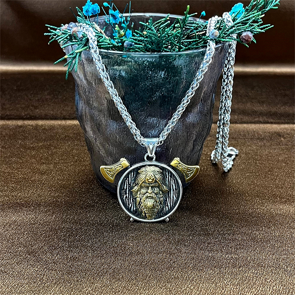 Gold-Plated Double Axe Odin Pendant Necklace for Men, Hip-Hop Style，gifts for him