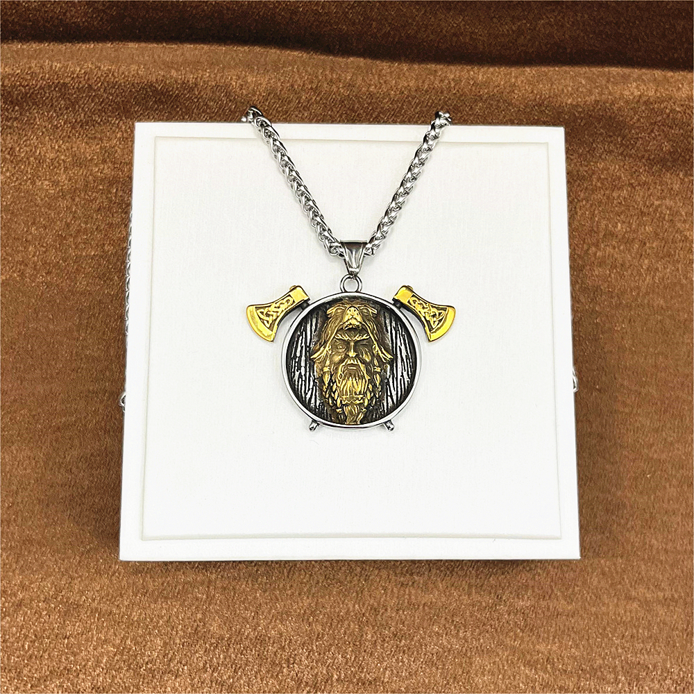 Gold-Plated Double Axe Odin Pendant Necklace for Men, Hip-Hop Style，gifts for him