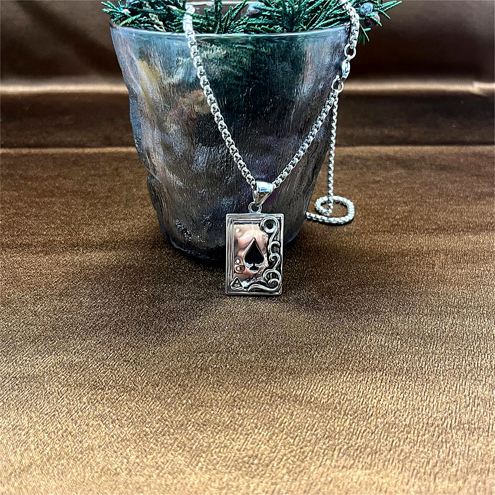 Black Ace Playing Card Pendant - Hip Hop Titanium Steel Necklace for Men