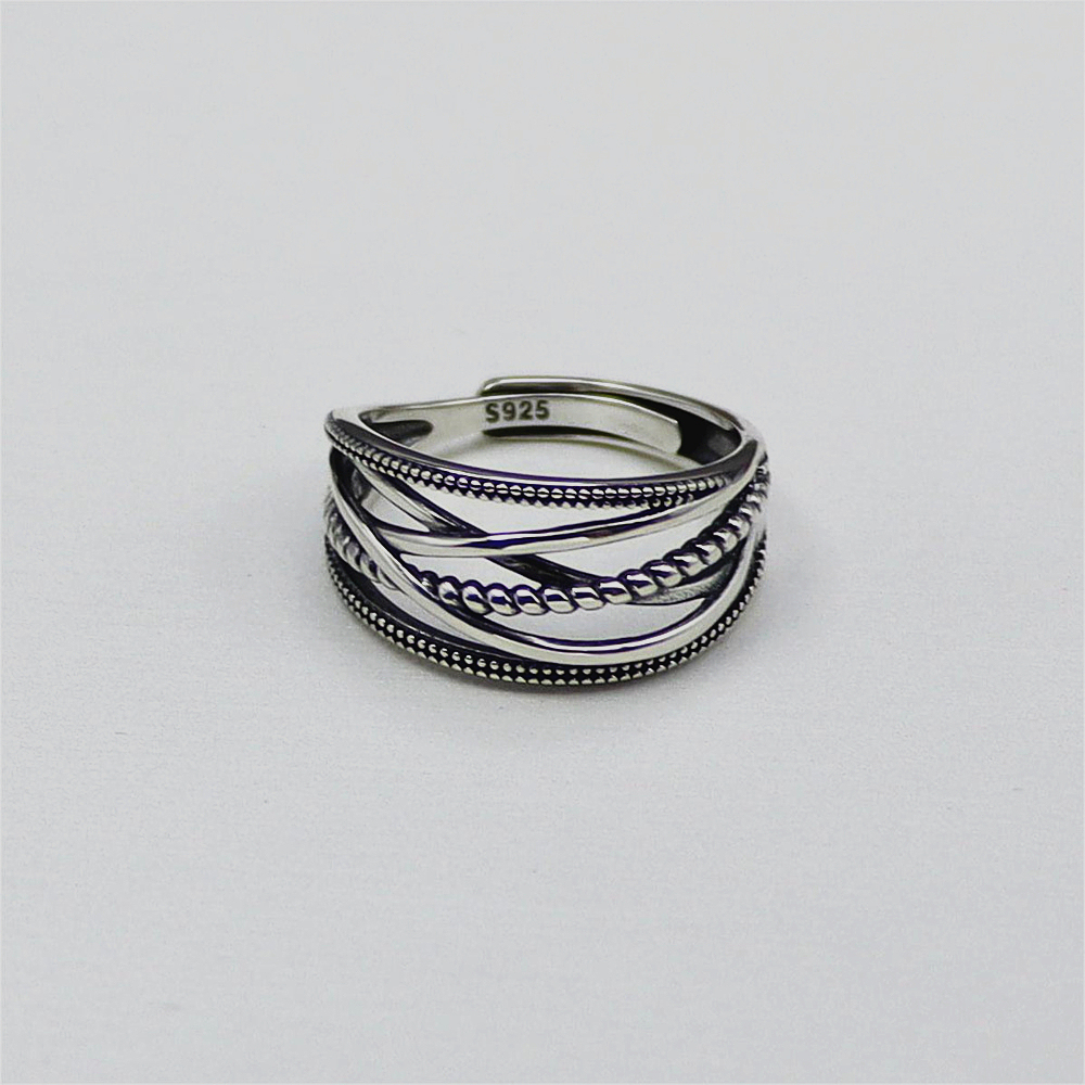 S925 Sterling Silver Simple Line Twist cross wound geometric Open & Adjustable Ring