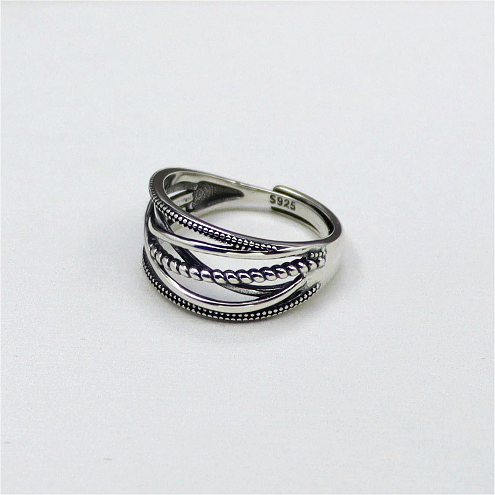 S925 Sterling Silver Simple Line Twist cross wound geometric Open & Adjustable Ring