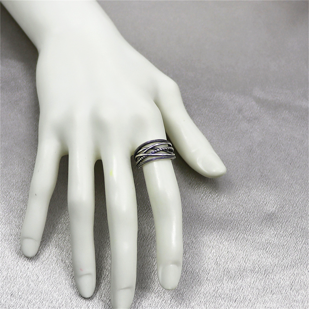 S925 Sterling Silver Simple Line Twist cross wound geometric Open & Adjustable Ring