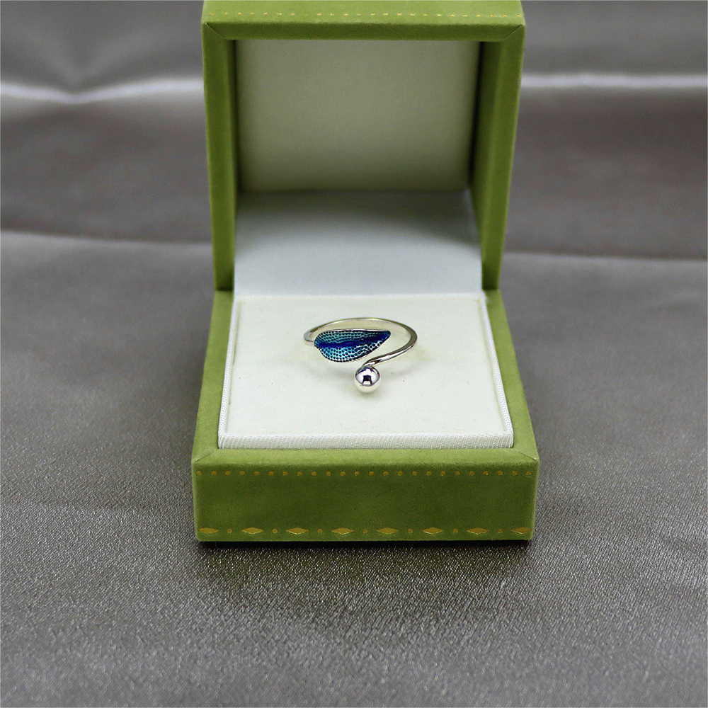 S925 sterling silver epoxy leaf personality small ball pendant tassel embellished open ring