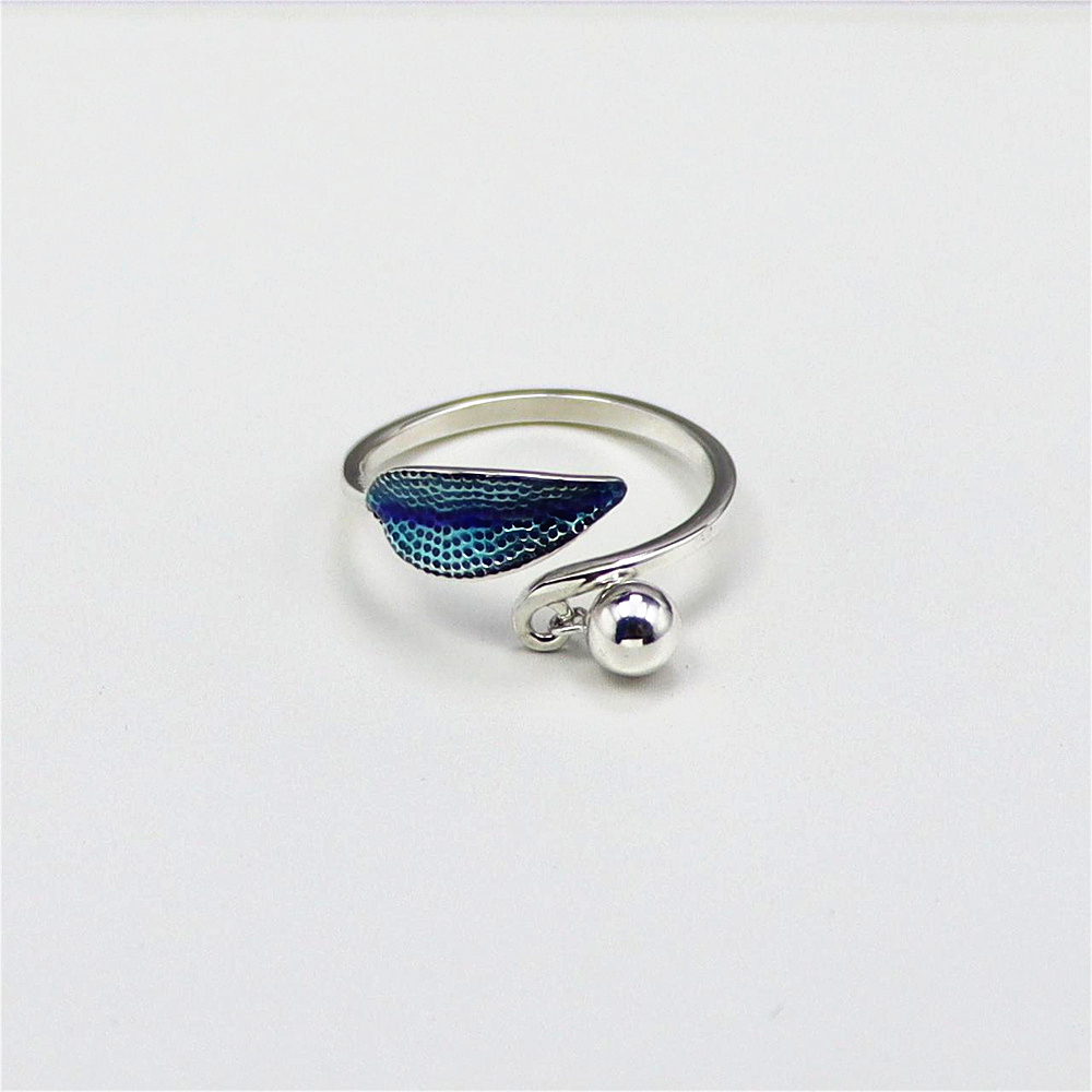 S925 sterling silver epoxy leaf personality small ball pendant tassel embellished open ring