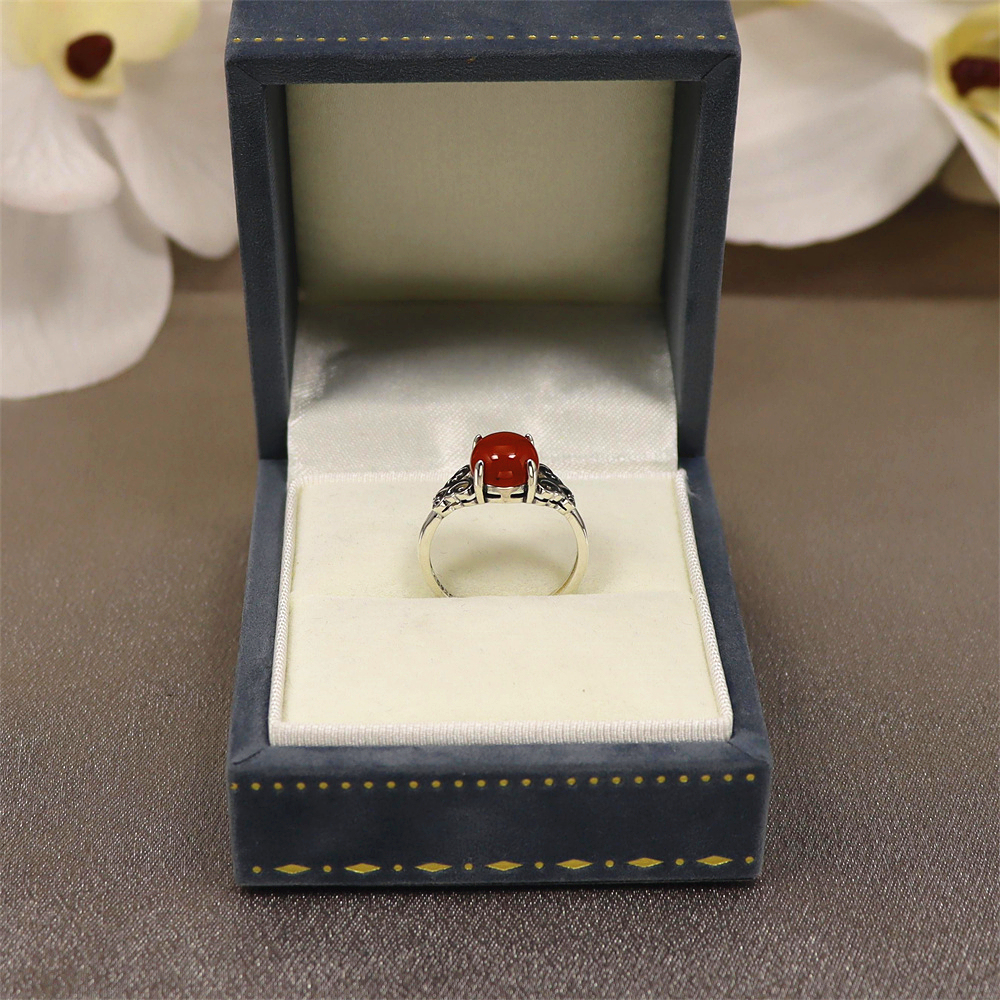 S925 Sterling Silver Vintage Red Agate Cabochon Ring