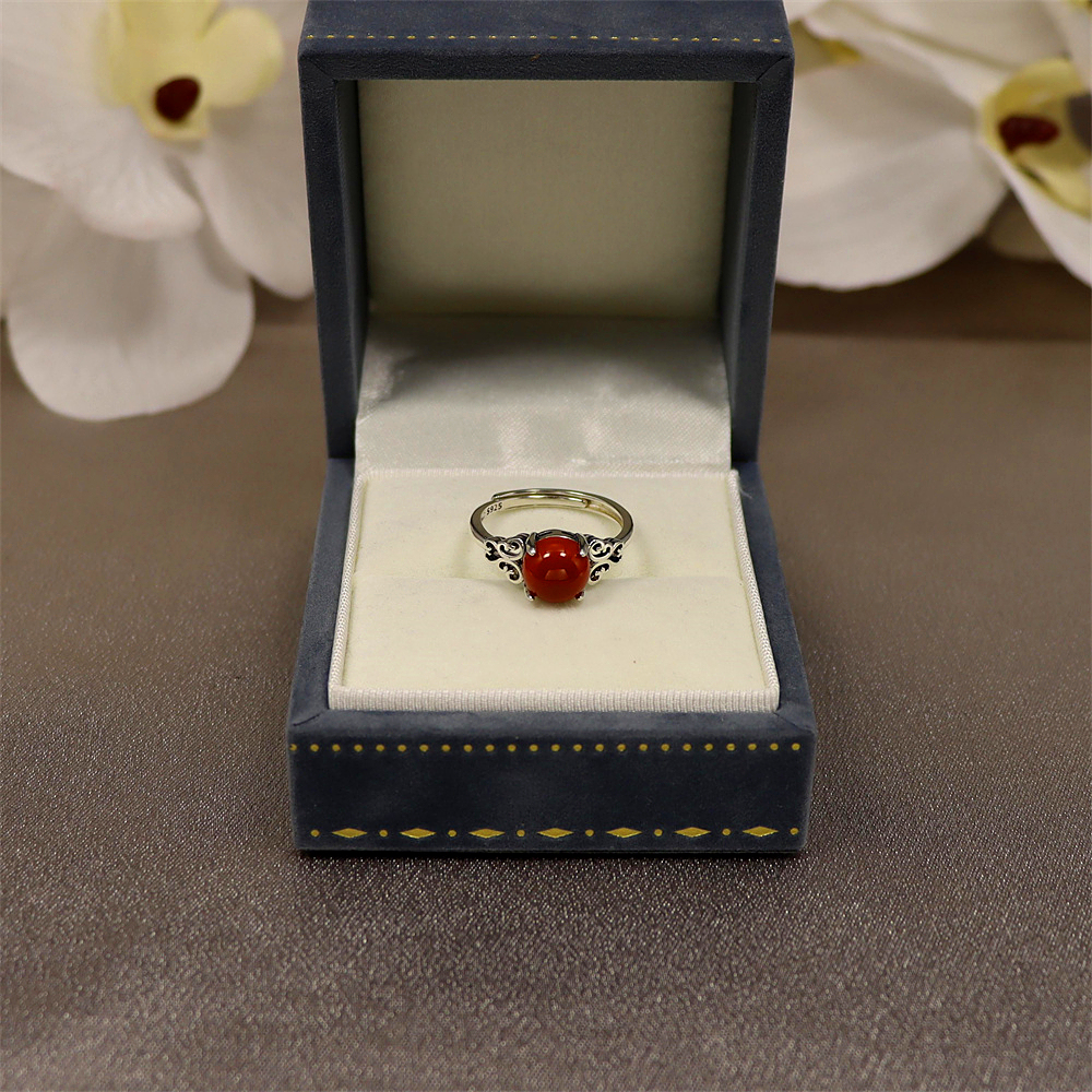 S925 Sterling Silver Vintage Red Agate Cabochon Ring