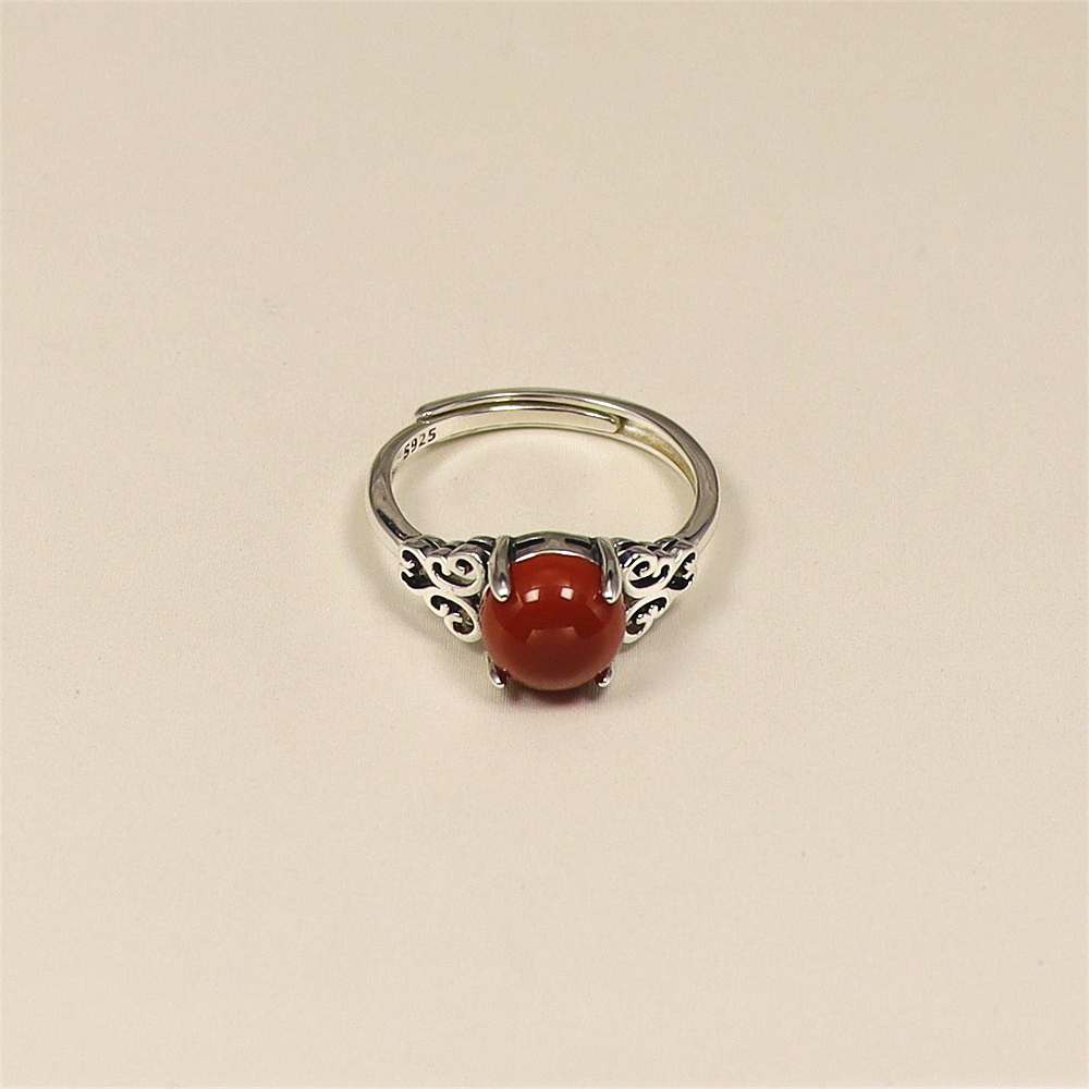 S925 Sterling Silver Vintage Red Agate Cabochon Ring