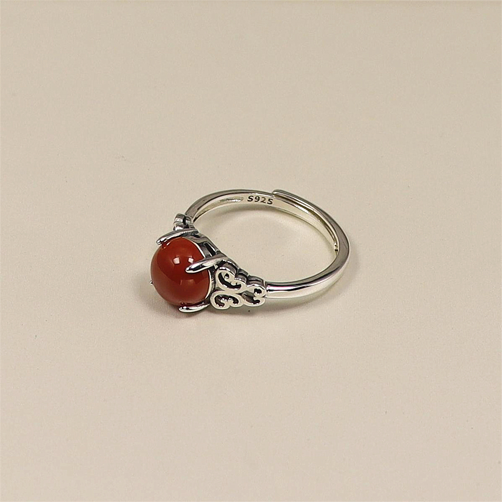 S925 Sterling Silver Vintage Red Agate Cabochon Ring