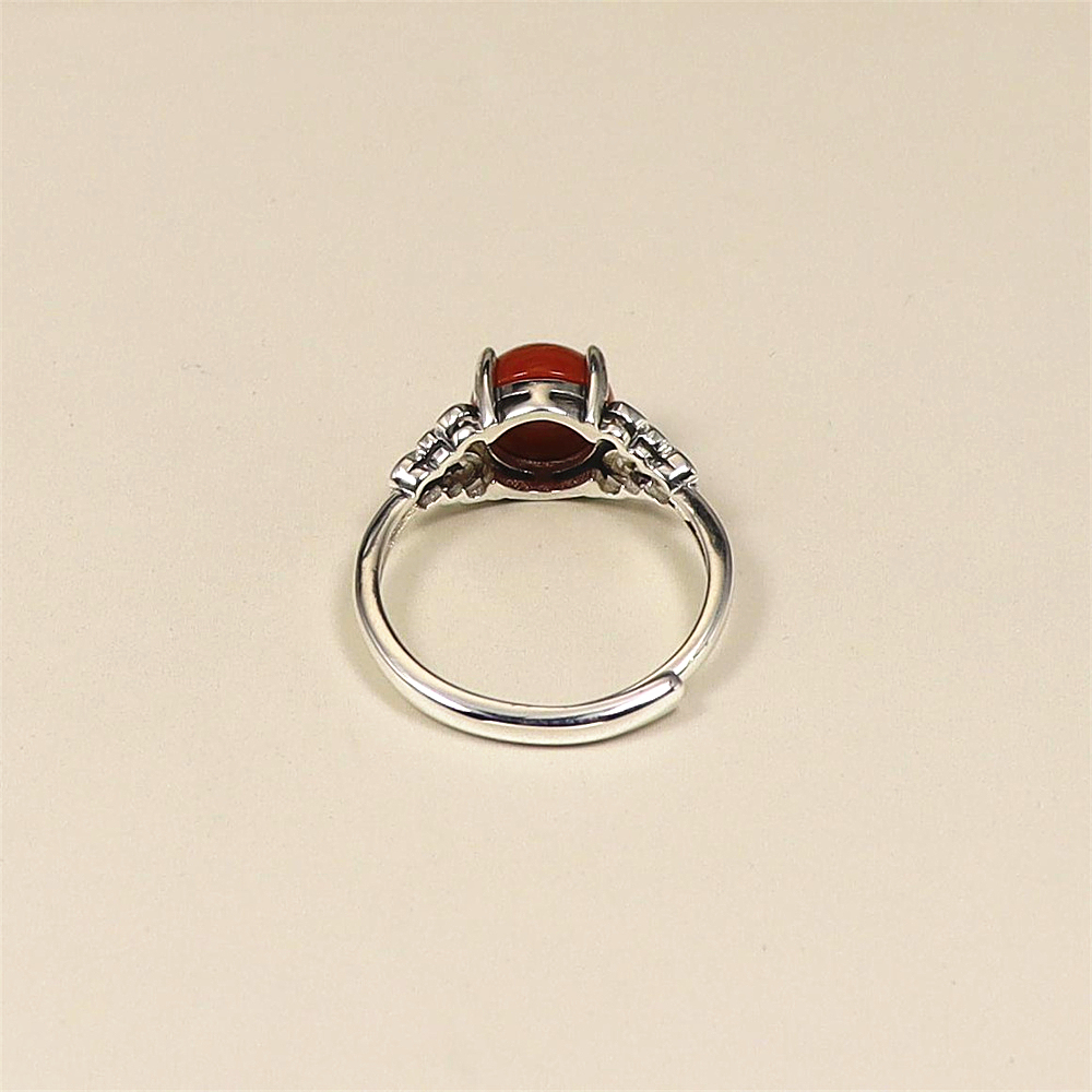 S925 Sterling Silver Vintage Red Agate Cabochon Ring