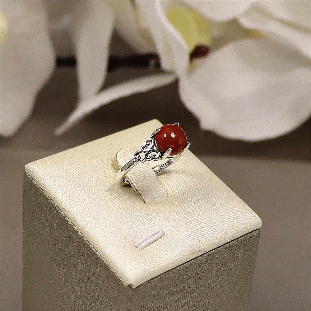 S925 Sterling Silver Vintage Red Agate Cabochon Ring