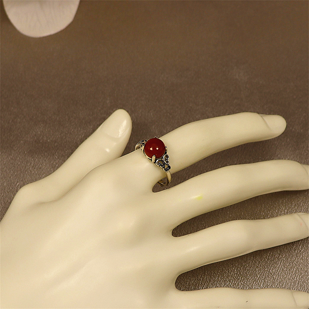 S925 Sterling Silver Vintage Red Agate Cabochon Ring
