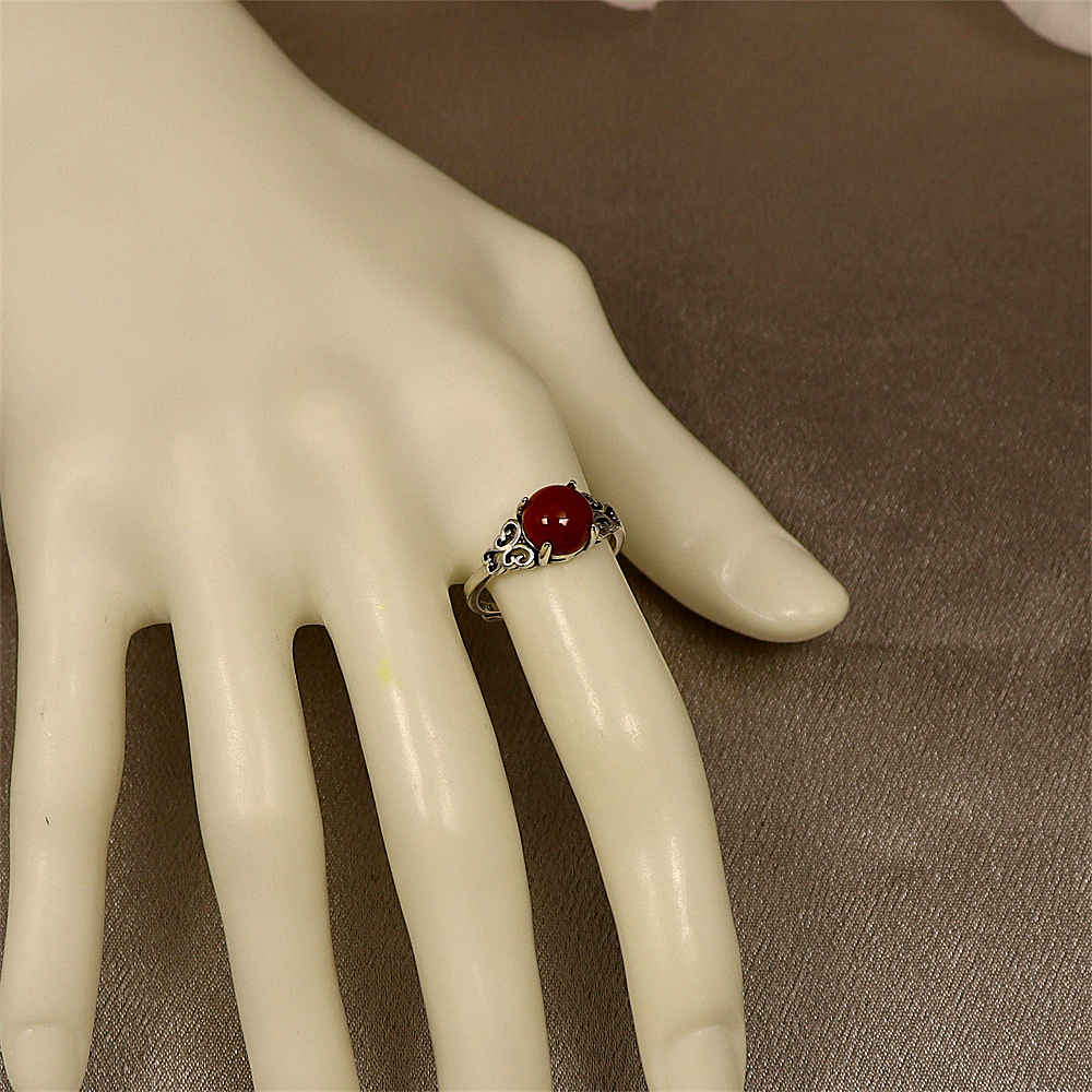 S925 Sterling Silver Vintage Red Agate Cabochon Ring