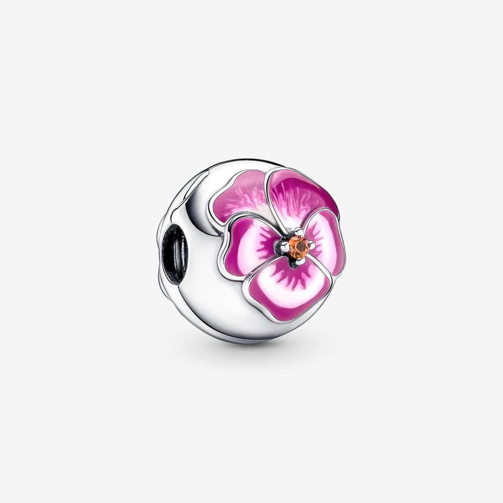 PANDORA 925 Ale Silver Pink Pansy Flower Clip Charm